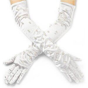 Women's Evening Long Satin Pearls Gloves White Bridal Wedding Elbow Length